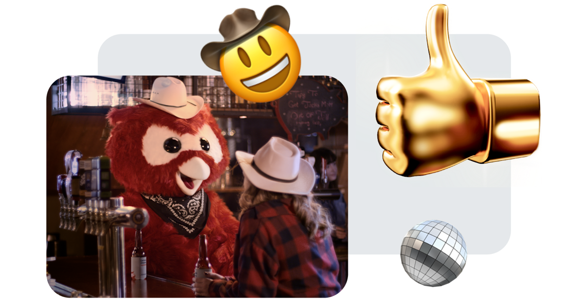 Hootsuite's mascot Owly dressed in a cowboy hat and neckerchief at a country Western bar talking with a female patron.