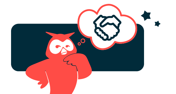 Cartoon of Hootsuite's mascot Owly thinking, with a thought bubble of two people shaking hands.
