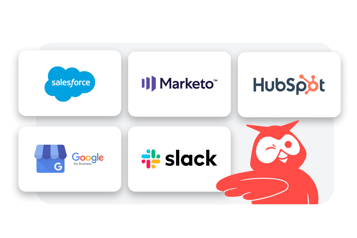 Logos of popular business software platforms: Salesforce, Marketo, HubSpot, Google My Business, and Slack arranged in a grid layout