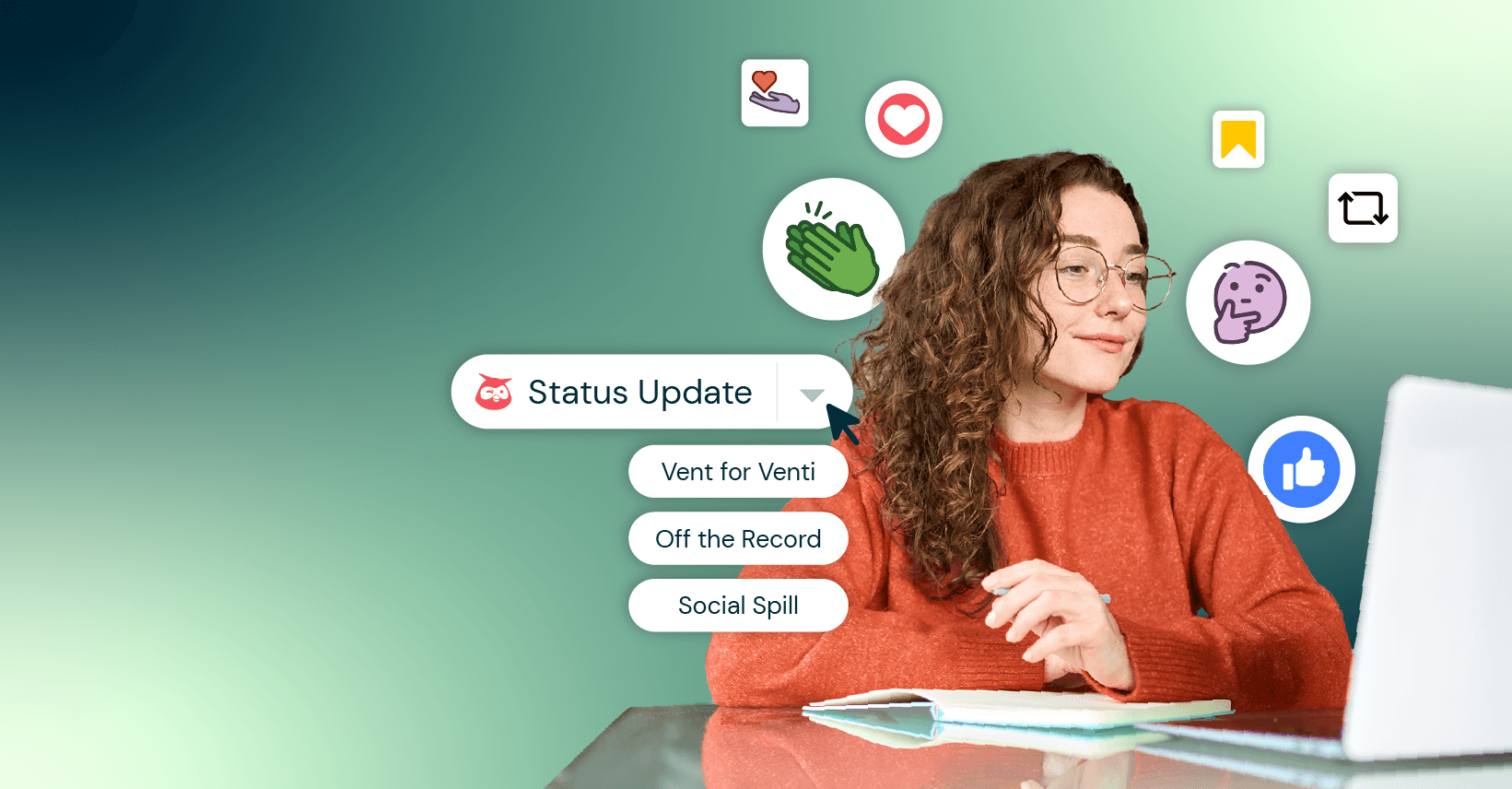 Person in orange sweater and glasses at desk with social media icons and menu options floating on turquoise background