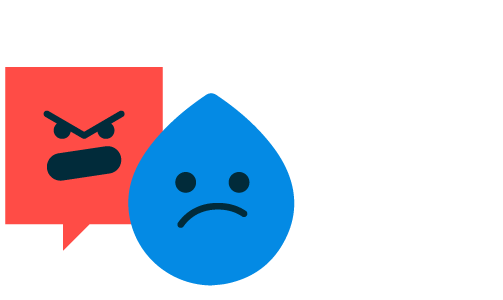 dessin d'une boîte de discussion rouge furieuse et d'une goutte d'eau bleue avec un visage triste