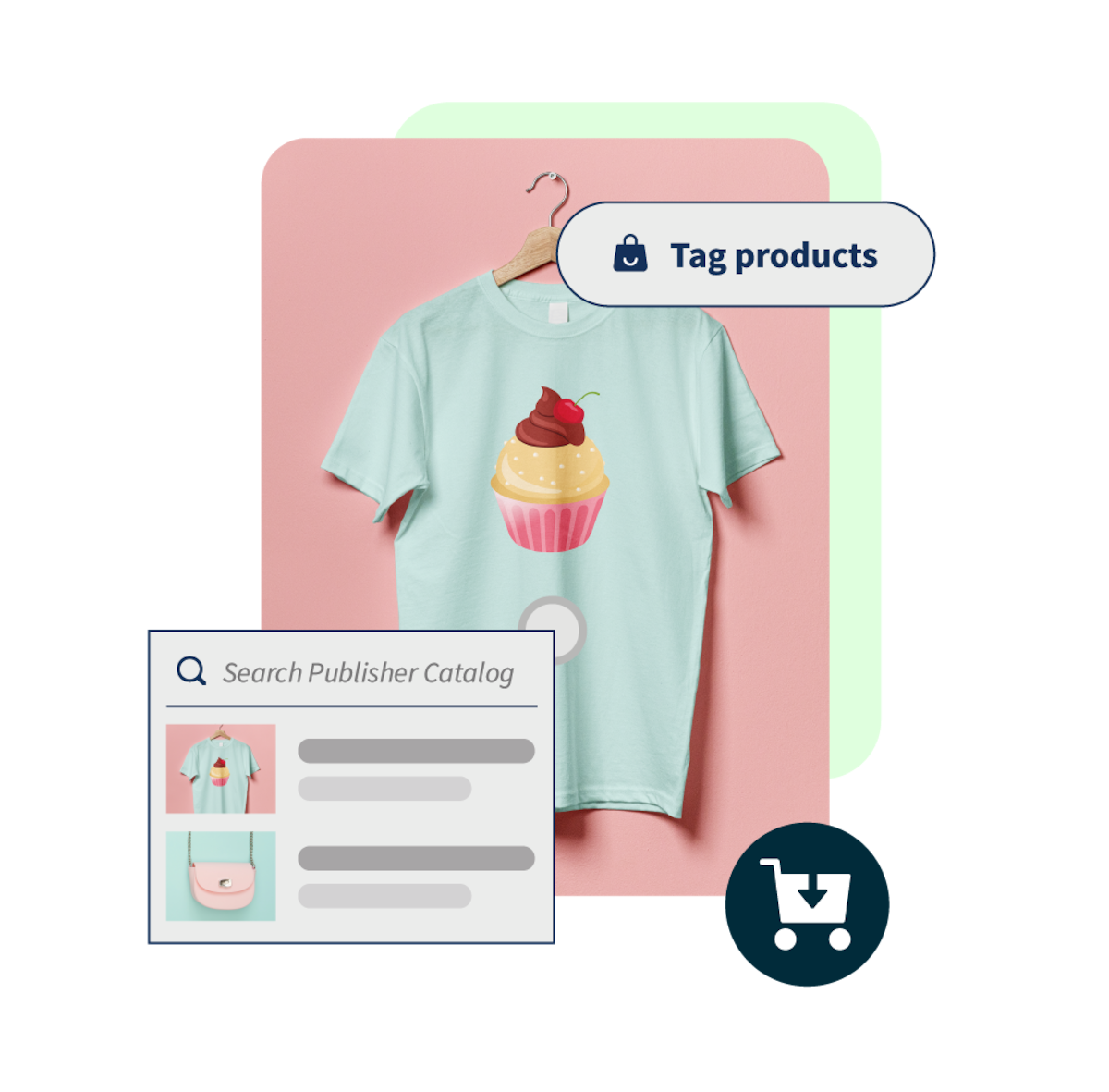 T-shirt avec l'image d'un cupcake, un bouton avec l'inscription « Tagger des produits » à côté.