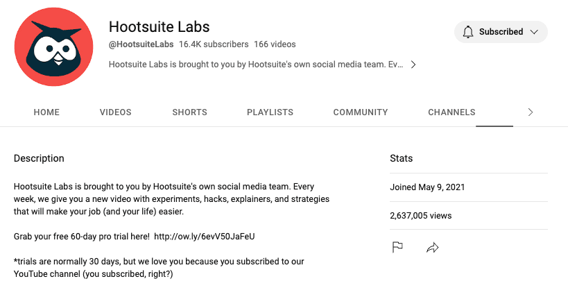 Captura de tela da descrição do canal do YouTube do Hootsuite Labs