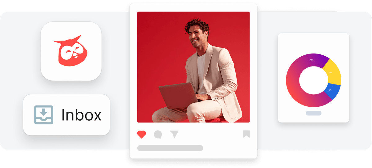 Professional in beige suit working on laptop against red background, with app interface elements and analytics chart shown