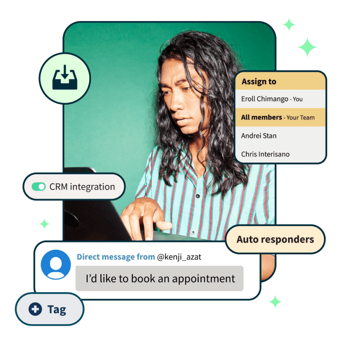 Man with long hair using laptop, pop up Tag, auto responders,..
