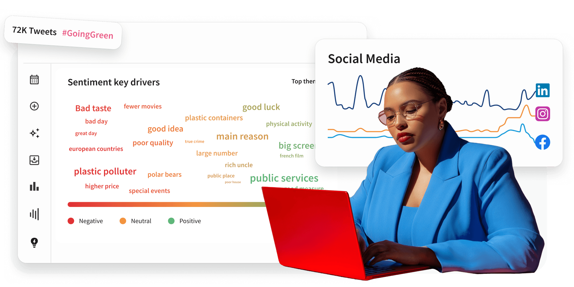 Geschäftsperson in hellgrauem Blazer neben einem Medienstatistik-Diagramm und Social-Media-Symbolen auf korallenrotem Hintergrund
