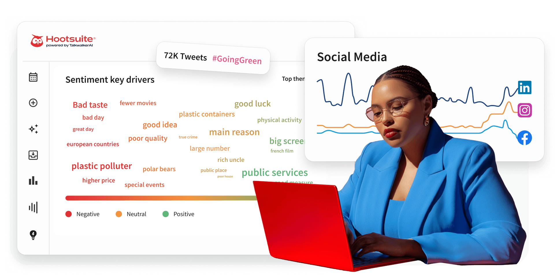 Business professional in light gray blazer next to media statistics chart and social network icons on coral background