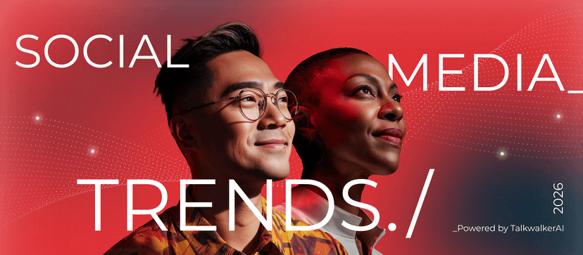 Two professionals in profile view against a vibrant red background with "Social Media Trends" text and modern graphic elements