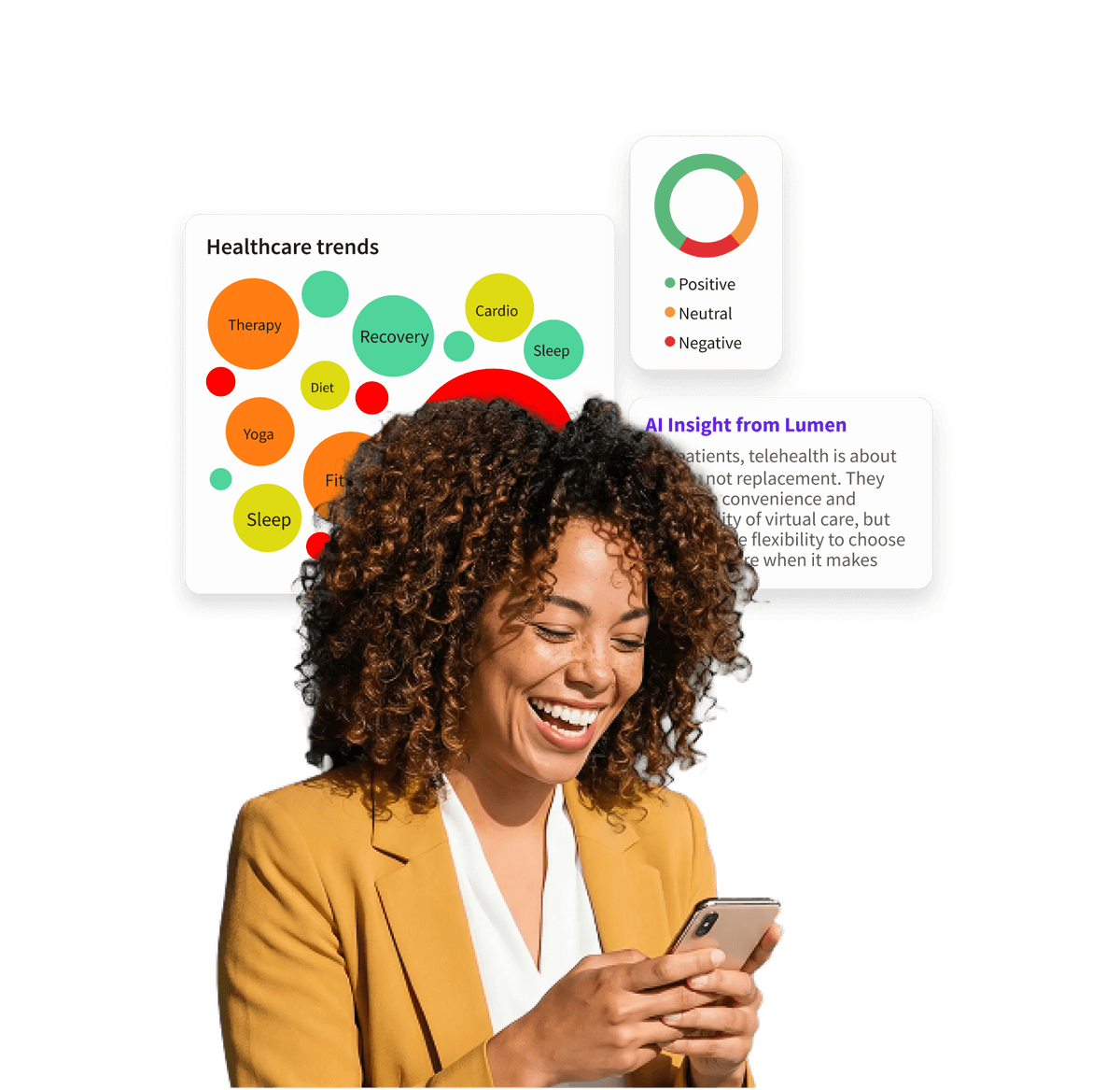 A smiling woman in a yellow blazer holds a phone, with healthcare trend charts and AI insights displayed around her.