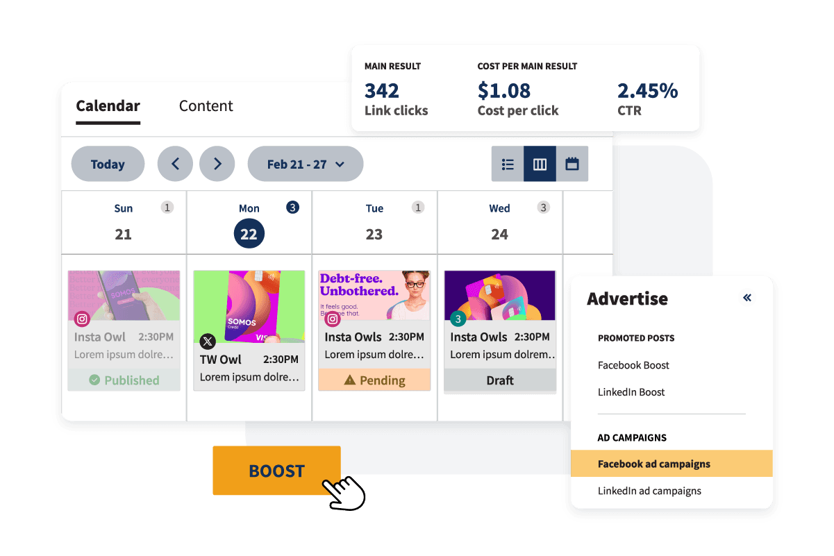 A view of the calendar, with options to view promoted posts, ad campaigns, and to boost a particular post.