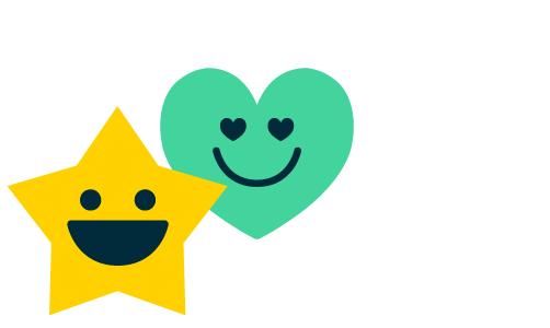 yellow star with smiley face and green heart with heart eyes