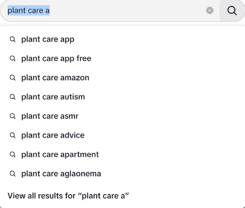 Screenshot of related Tiktok search results after typing "plant care a"