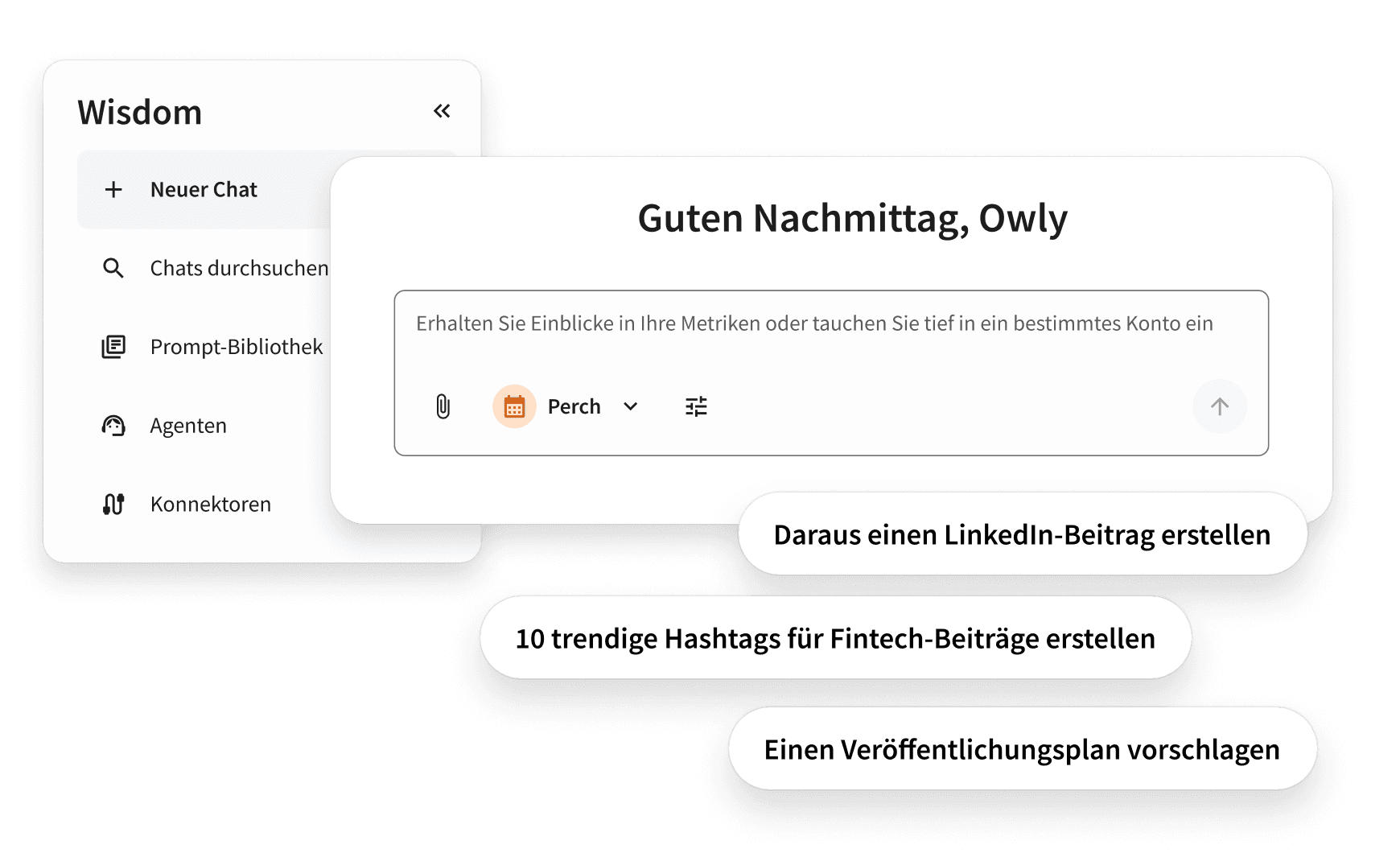 KI-Chatbot-Oberfläche mit Menüoptionen für Campaign-Ideen, Branchentrends und Interaktionstipps mit lila Eulen-Logo