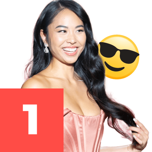 Woman next to smiling face with sunglasses emoji and the number one