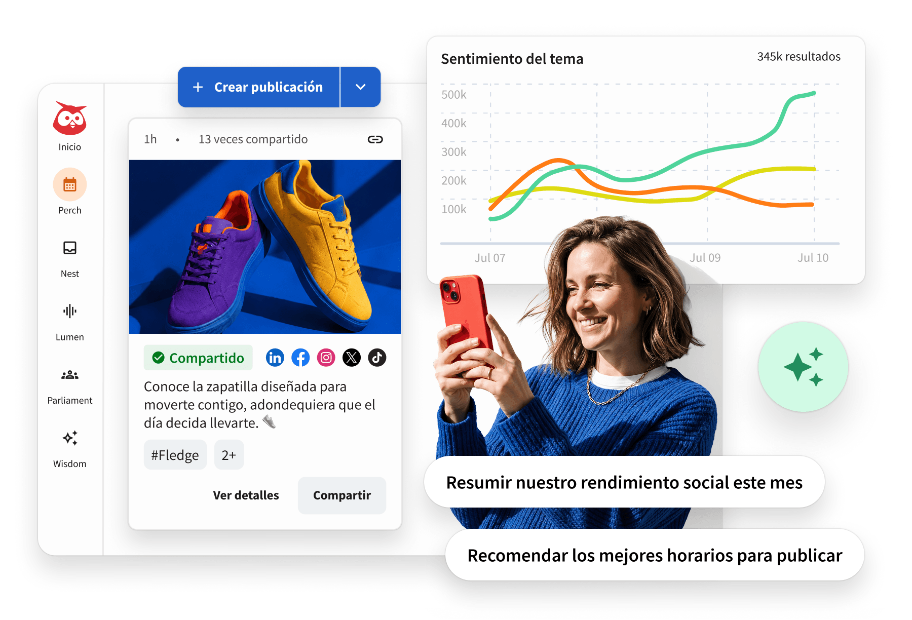 A woman smiles at her phone beside Hootsuite dashboard screens showing a sneaker post, sentiment analytics chart, and AI prompts.