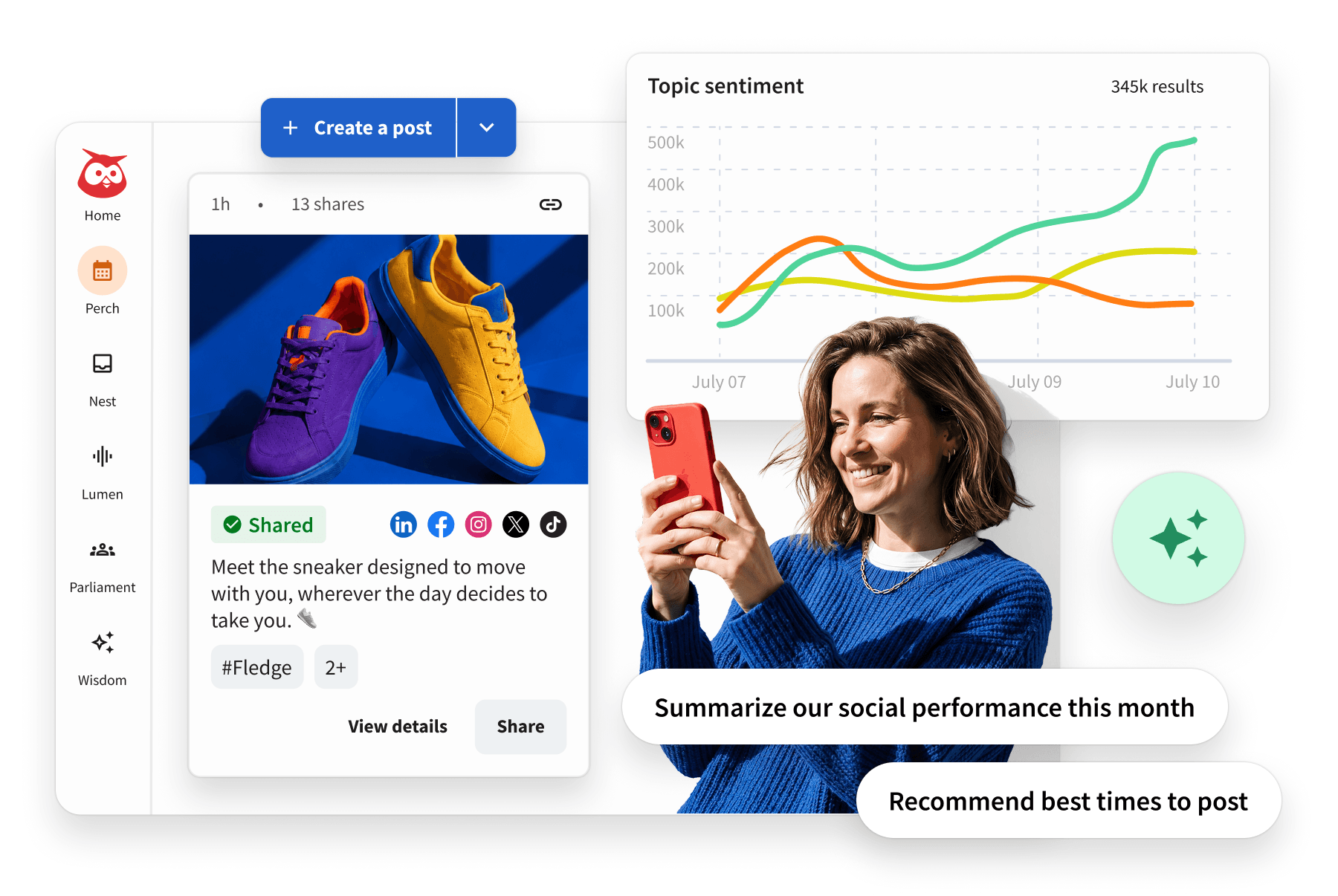A woman smiles at her phone beside Hootsuite dashboard screens showing a sneaker post, sentiment analytics chart, and AI prompts.