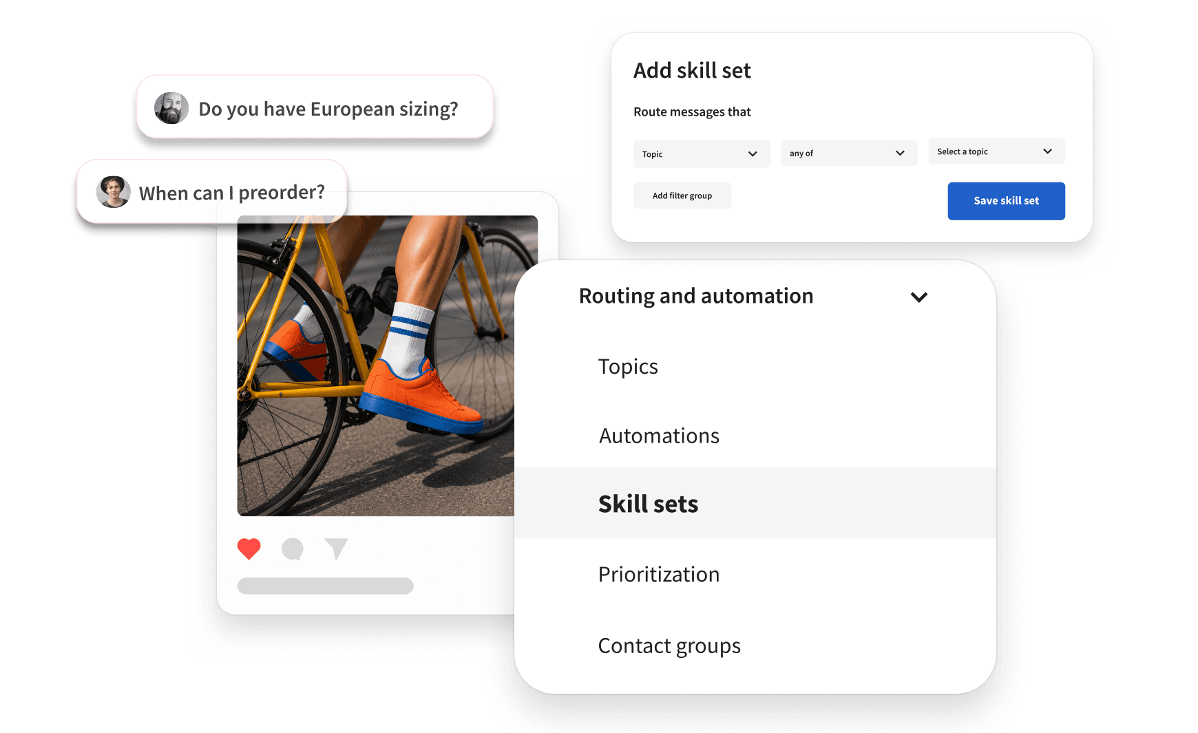 UI showing customer chat messages, a social post of orange sneakers, and routing automation skill set settings panels.
