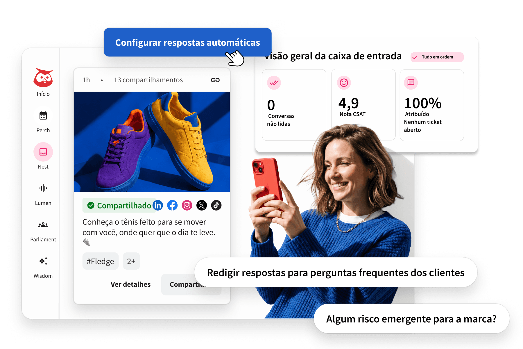 A social media dashboard showing automated responses, inbox overview stats, and a smiling woman in blue holding a red phone.