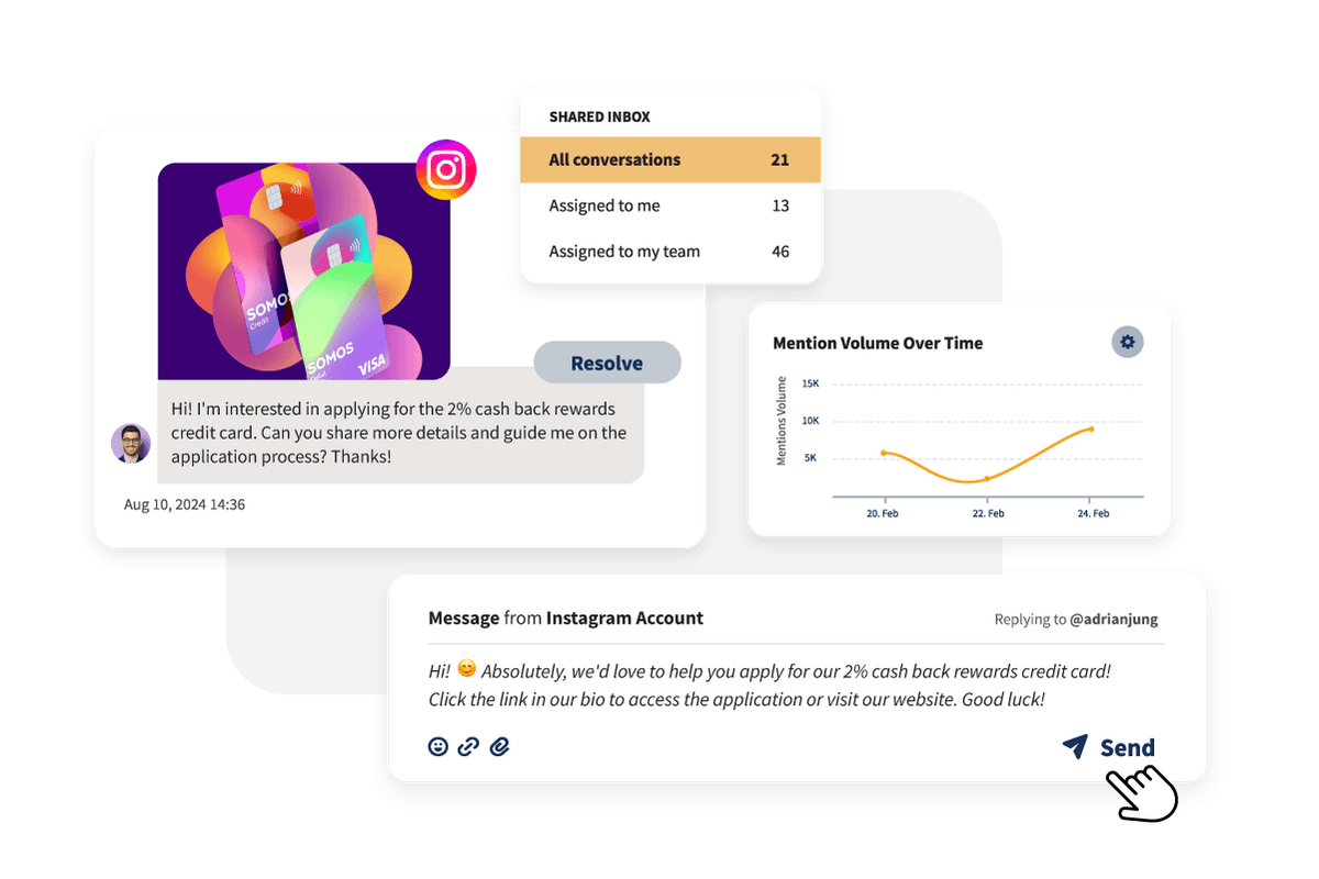 Example of how the shared inbox looks, with options to view "all conversations", "assigned to me" or "assigned to my team".