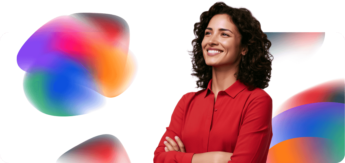A smiling woman in a red shirt with arms crossed, surrounded by colorful abstract blob shapes on a white background.