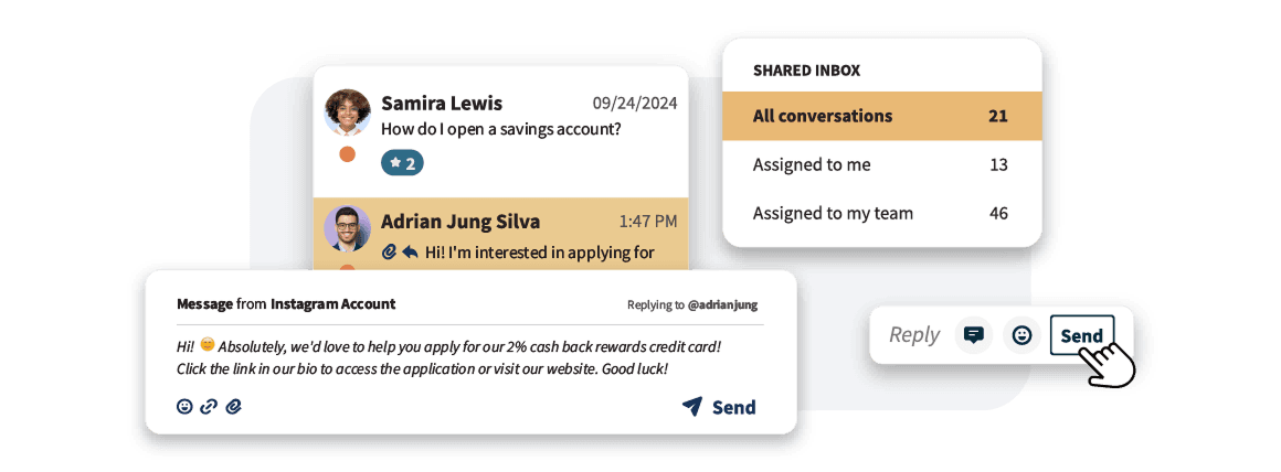Customer service inbox interface showing recent conversations, with 21 total messages and options to view assigned conversations