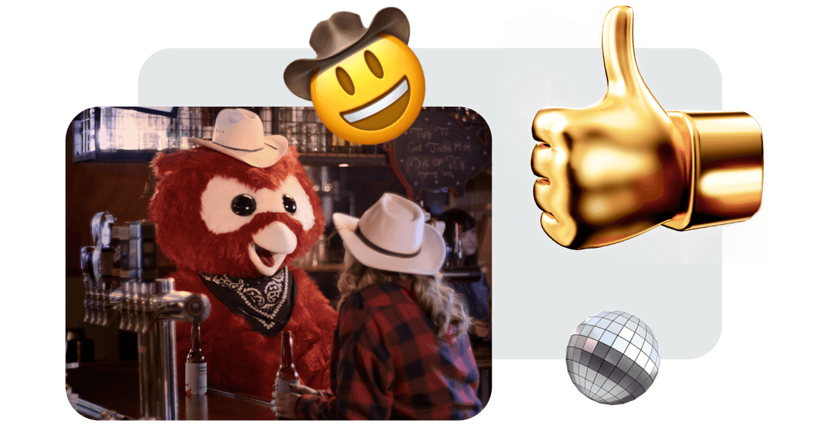 Hootsuite's mascot Owly dressed in a cowboy hat and neckerchief at a country Western bar talking with a female patron.