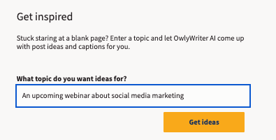 Captura de pantalla del panel de control de OwlyWriter que muestra cómo generar ideas de temas