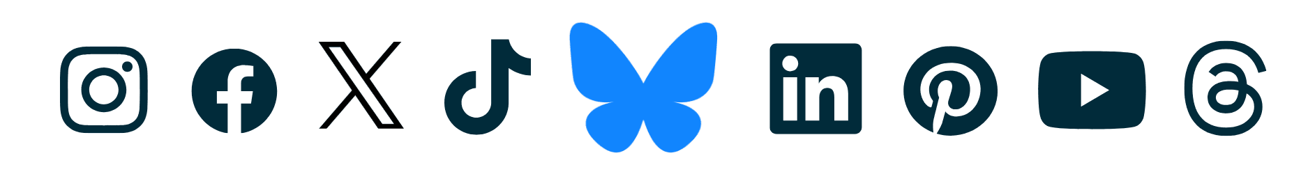 Row of popular social media icons in blue and black, including Instagram, Facebook, Twitter, TikTok, and LinkedIn