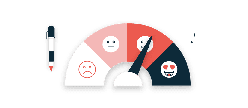 Semicircular chart showing emotional range from neutral to positive, with emoji faces and color gradient from white to coral to navy blue