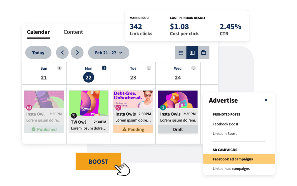 Hootsuite publishing calendar for paid and organic posts