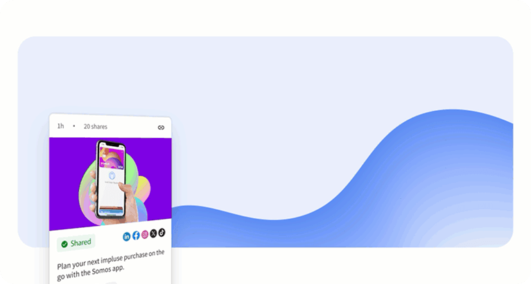 A social media post showing a hand holding a smartphone, with a purple banner and a blue wave design on a light background.