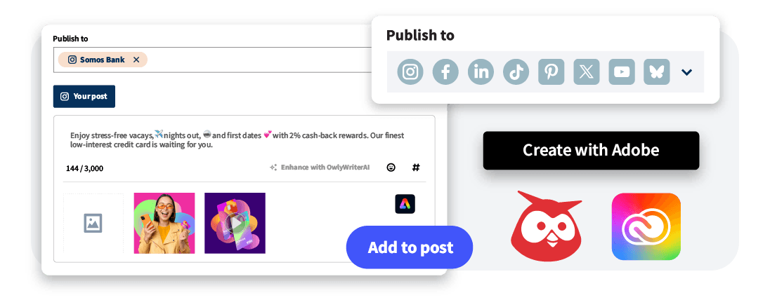 Social media content creation interface showing publish options, social platform icons, and editing tools with Adobe Express integration