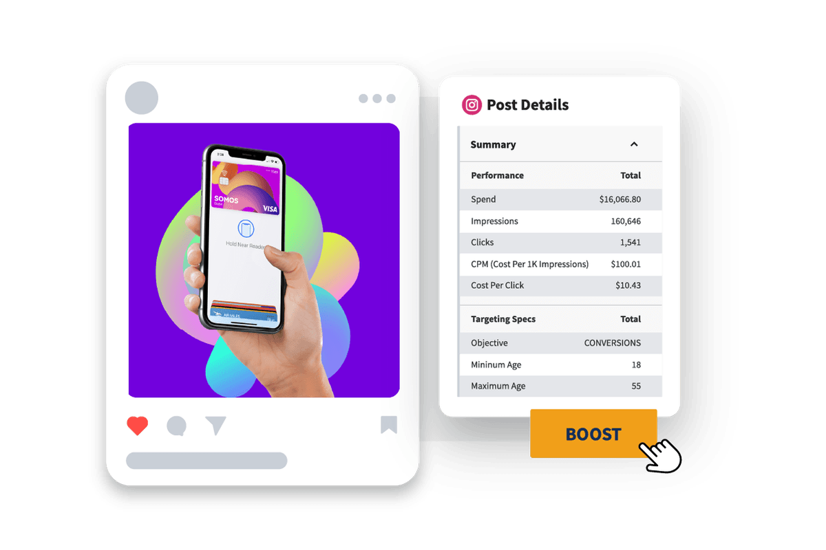Calendar view showing various scheduled posts with an option to boost them.
