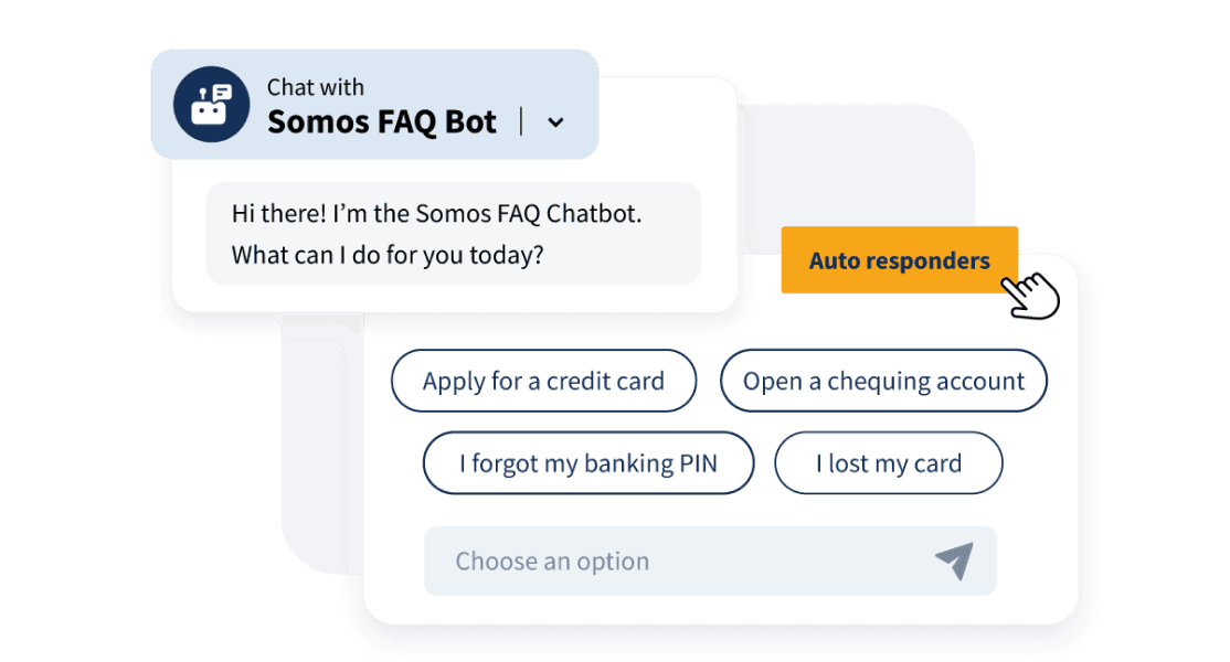 A pop-up window showing the chat options for a Somos FAQ Bot
