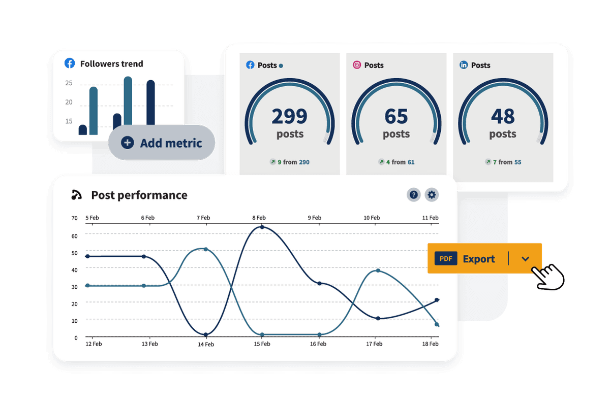 Example charts and graphs of follower trends and post performance.