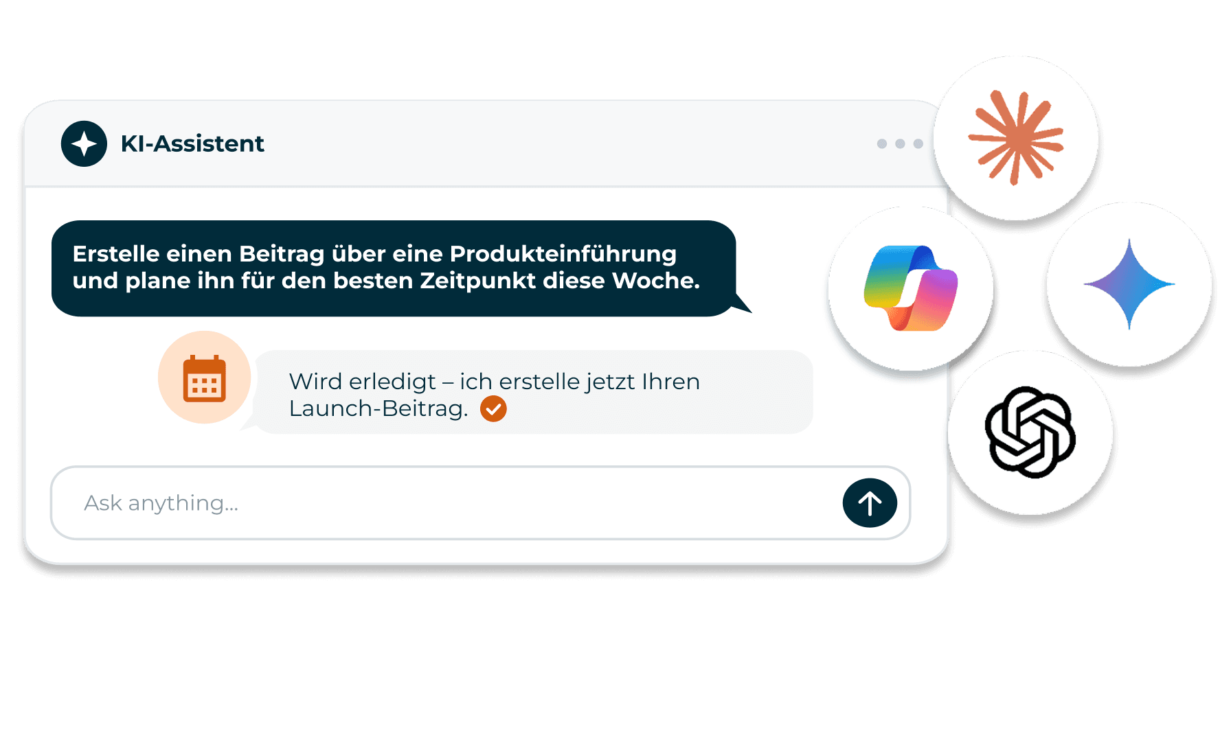 AI assistant chat interface drafting a product launch post, with AI tool logos including Claude, Copilot, and ChatGPT nearby.