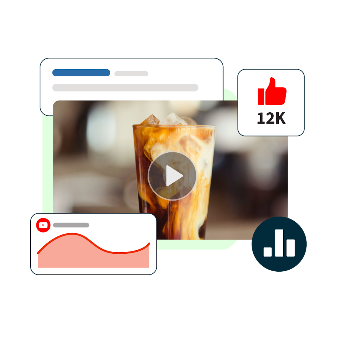 miniatura de vídeo de um café com latte gelado com pop-ups de estatísticas do youtube