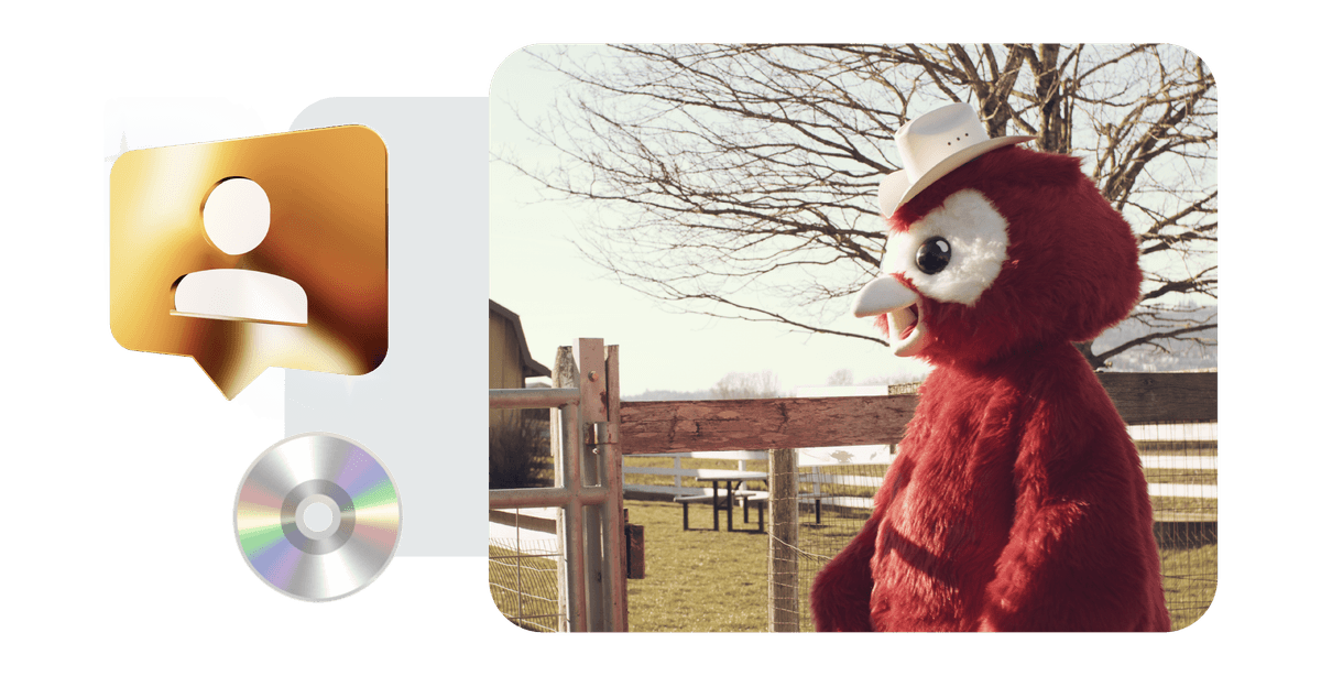 Hootsuite's mascot Owly in a cowboy hat standing by a fence on a farm.