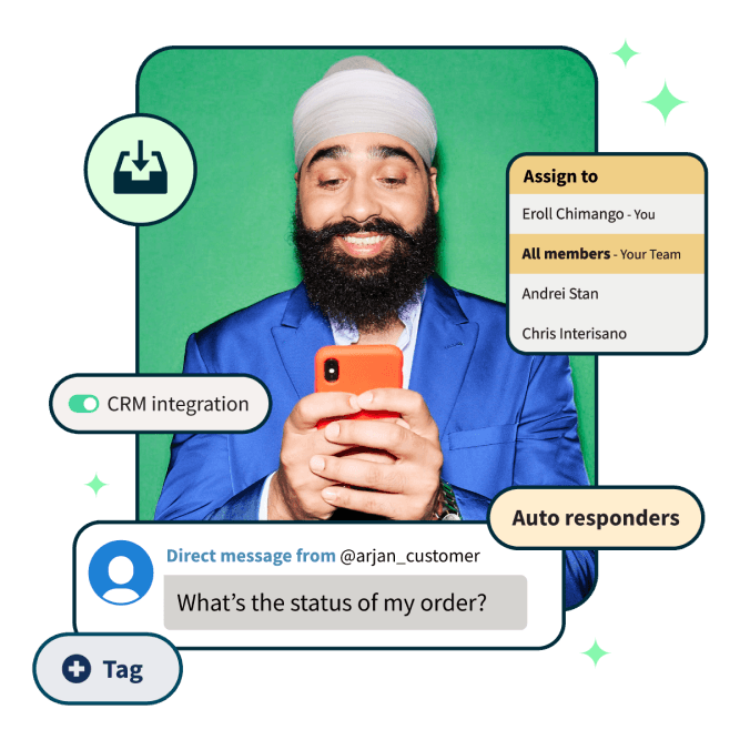 Man smiling at phone, surrounded by pop ups of different inbox 2.0 features such as CRM integration, auto responders, etc.