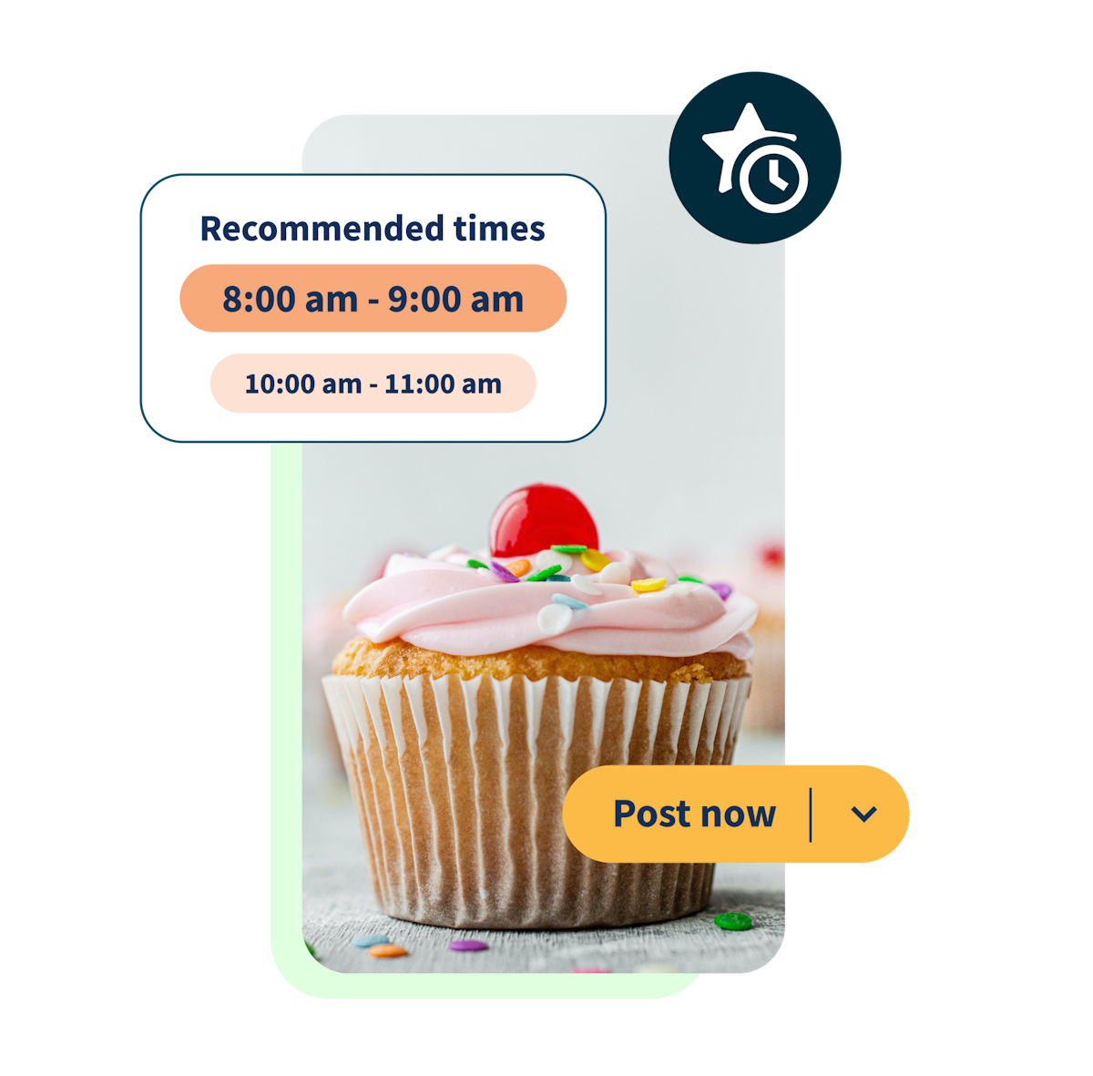 Image of a cupcake with buttons saying "post now" and "recommended times"