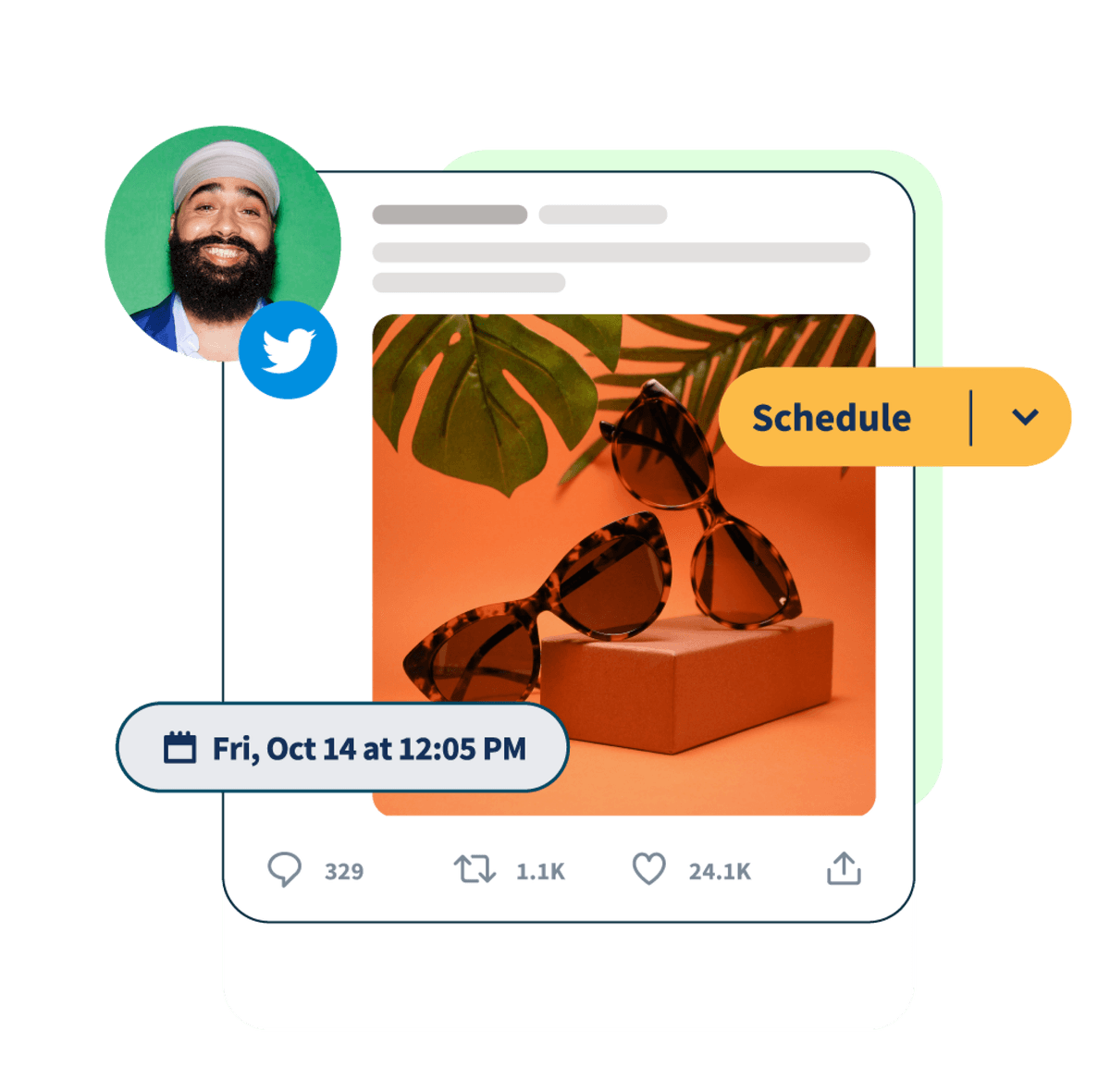 Twitter post with sunglasses photo and scheduling pop ups