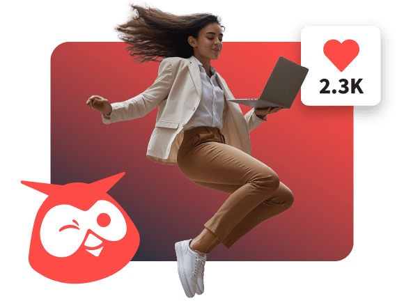 Woman jumping with laptop and Hoot Suite logo
