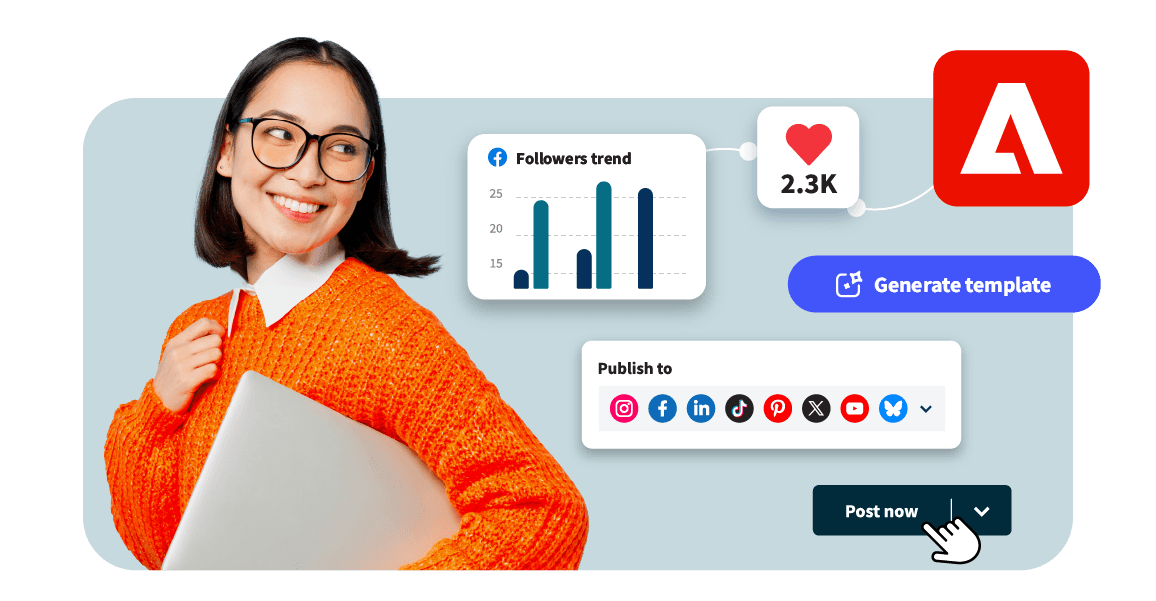 Social media dashboard interface showing follower trends, publishing options, and a person in an orange sweater smiling at the camera