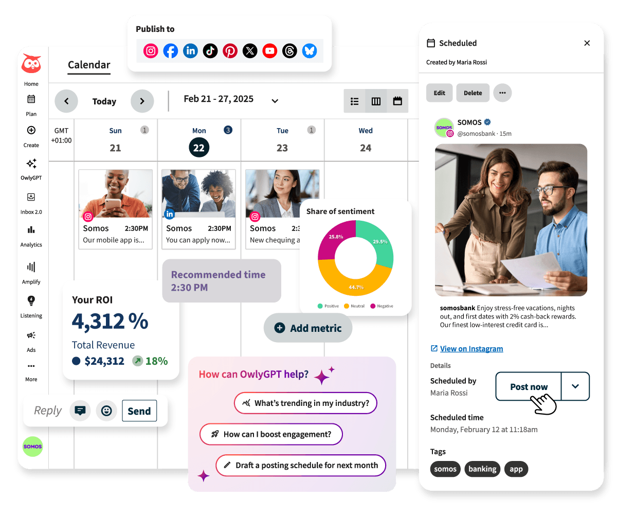 Social media management dashboard showing calendar view, analytics with ROI metrics, and scheduled posts for Somos bank marketing campaign
