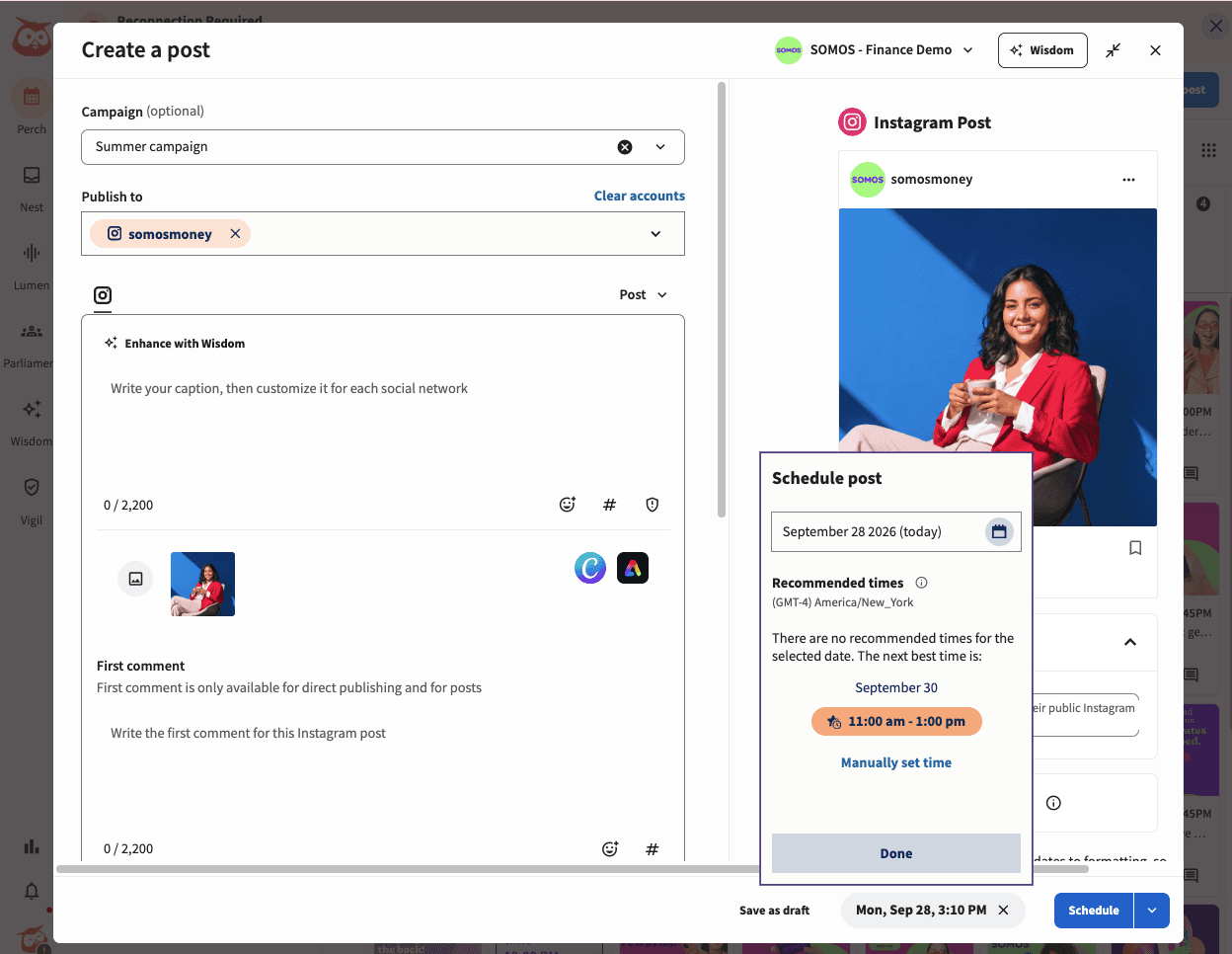 Hootsuite Create a Post dialog showing Instagram post scheduling with a recommended time of 11am-1pm on September 30.