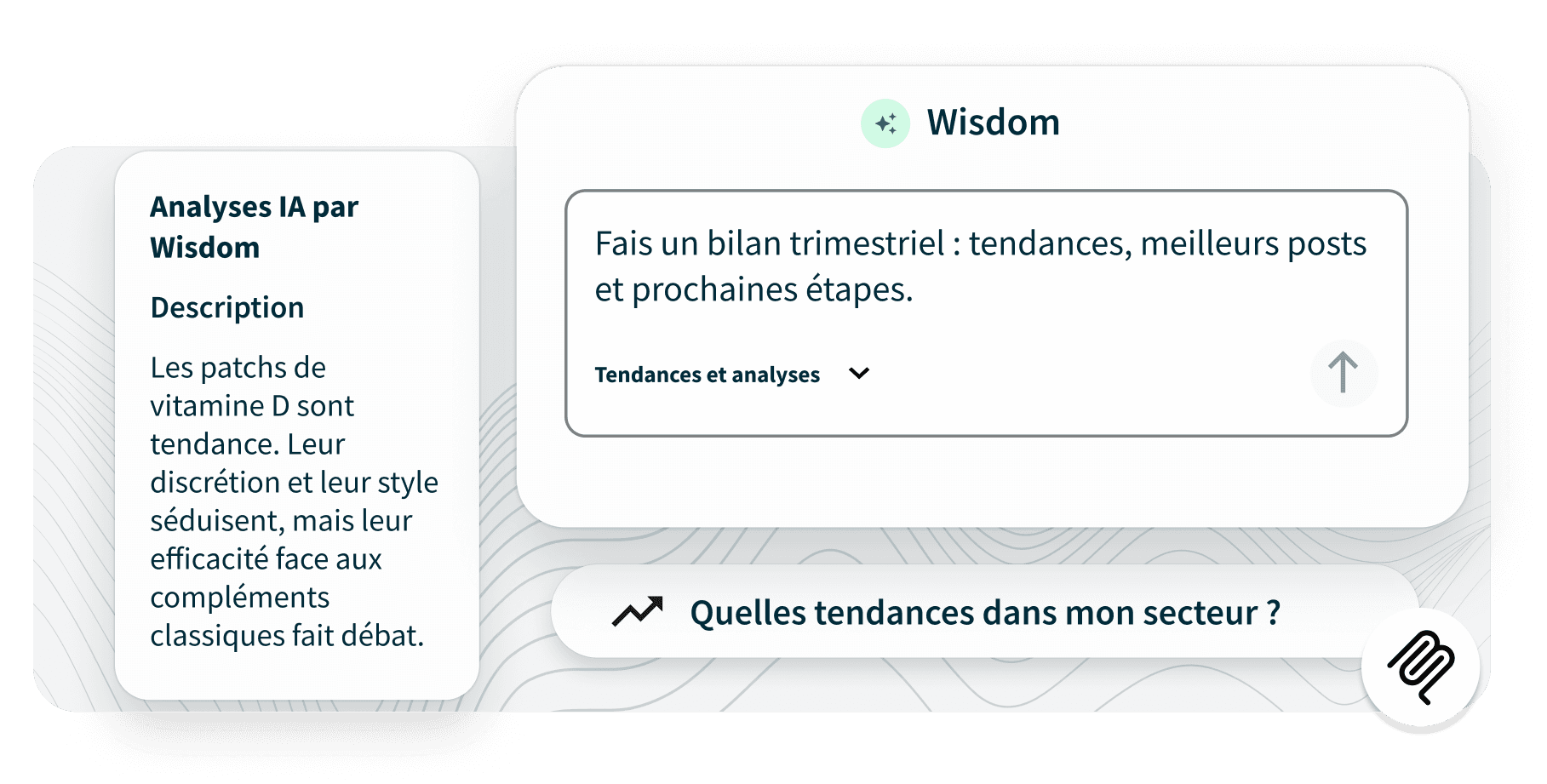 UI screenshot of Wisdom AI tool showing a query input and an AI-generated insight about Vitamin D patch trends.
