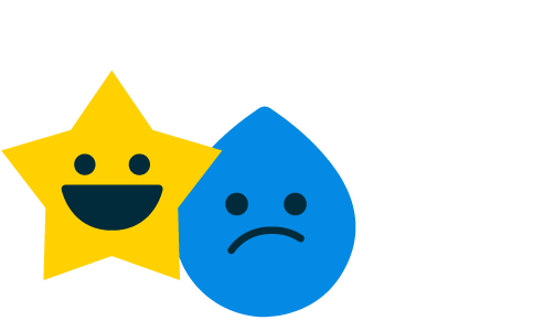 cartoon yellow star with smiley face, and blue water drop with sad face