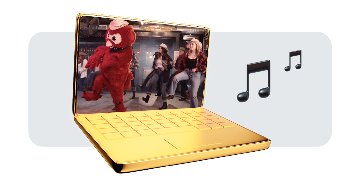 Laptop dorato stilizzato in stile cartone animato con l'immagine di Owly che balla in un bar country con un piccolo gruppo di persone.