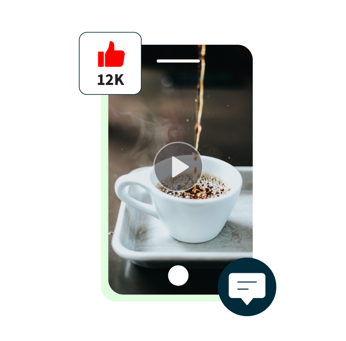 YouTube-Kurzvideo, auf dem ein Kaffee eingegossen wird, zusammen mit einem Pop-up mit 12.000 Likes