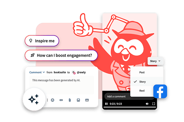 Cartoon owl mascot giving thumbs up next to social media interface elements and Facebook icon on pink background